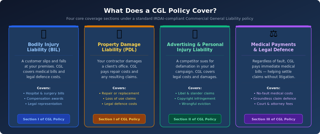What CGL Insurance Covers: Four main coverage pillars — Bodily Injury, Property Damage, Advertising Liability, Medical Payments