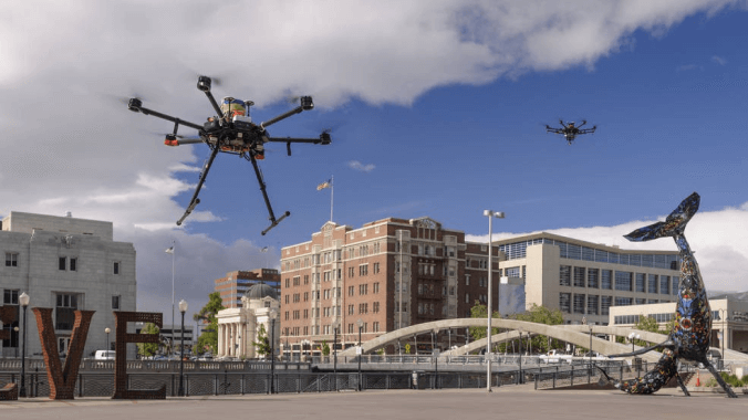 Drones in flight in downtown Reno, Nevada