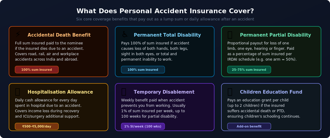 What Personal Accident Insurance Covers in India: Accidental death, permanent disability, partial disability, hospitalisation allowance, weekly benefits and children education fund